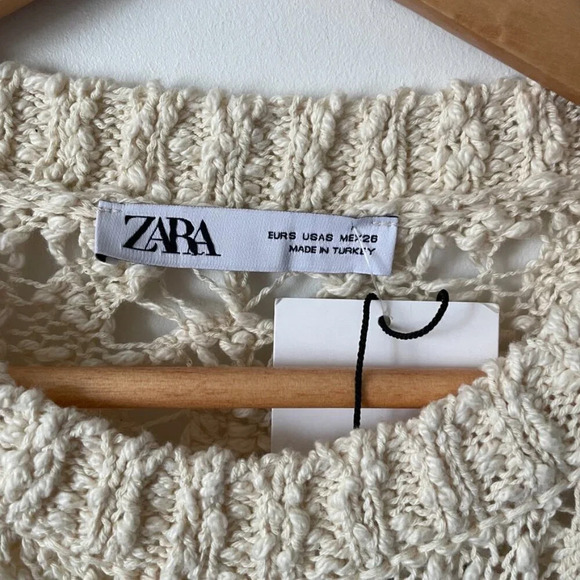 Zara Cotton  Pointelle Open Knit Sweater Ecru White NWT Size Small - Picture 8 of 9